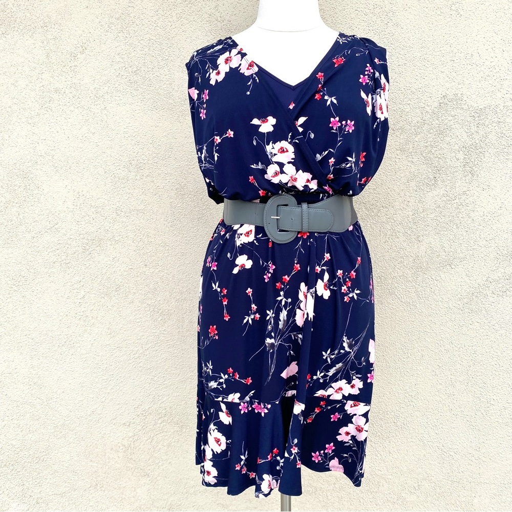 ELIZA J floral print dress navy blue faux wrap front trumpet skirt plus size 16W - Picture 14 of 16